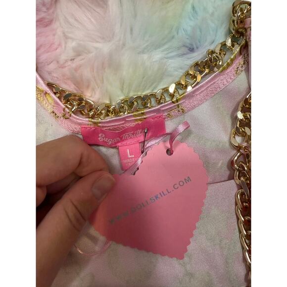 NWT Sugar Thrillz Pink Chain Bodysuit & Shorts Set Large - Picture 6 of 12